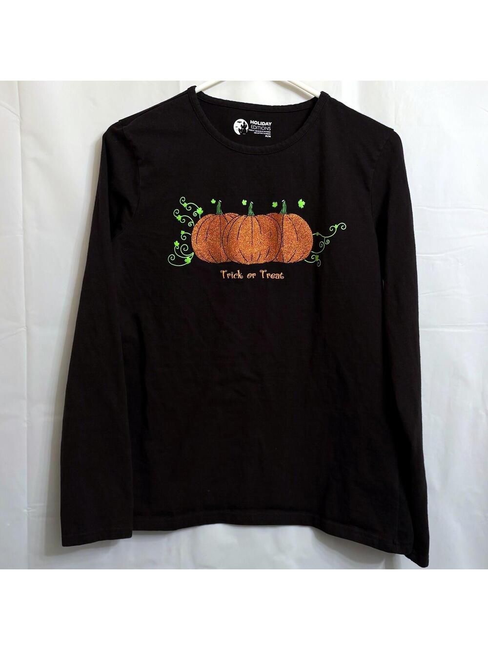 Holiday Editions Women's M Black Long Sleeve Halloween Glitter Pumpkin